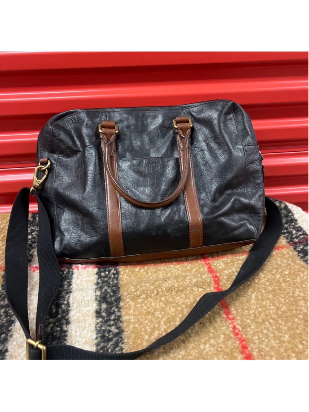 Men's Black and Brown Leather Duffel Bag One Size